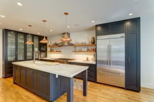 For 2018: Gray cabinets with white quartz counters, stainless appliances. Oak flooring