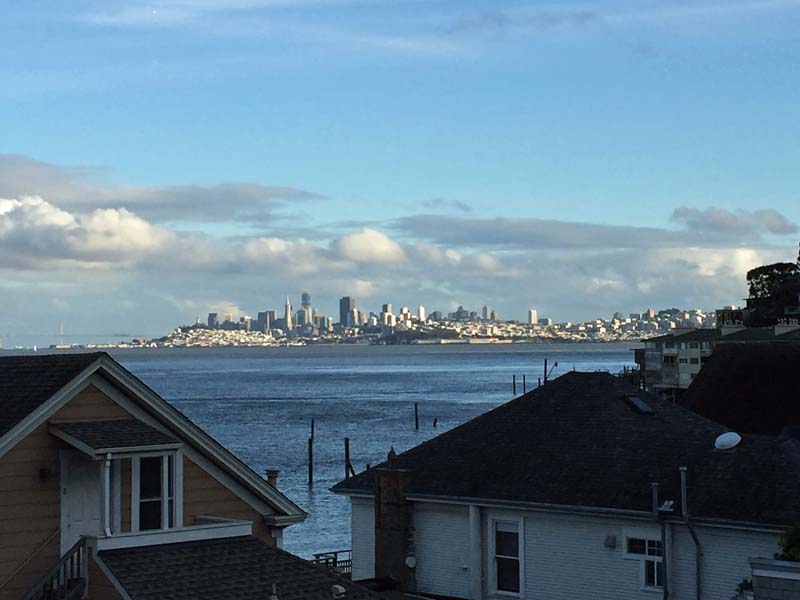 View of San Francisco skyline from living room of 217 Richardson St, Sausalito