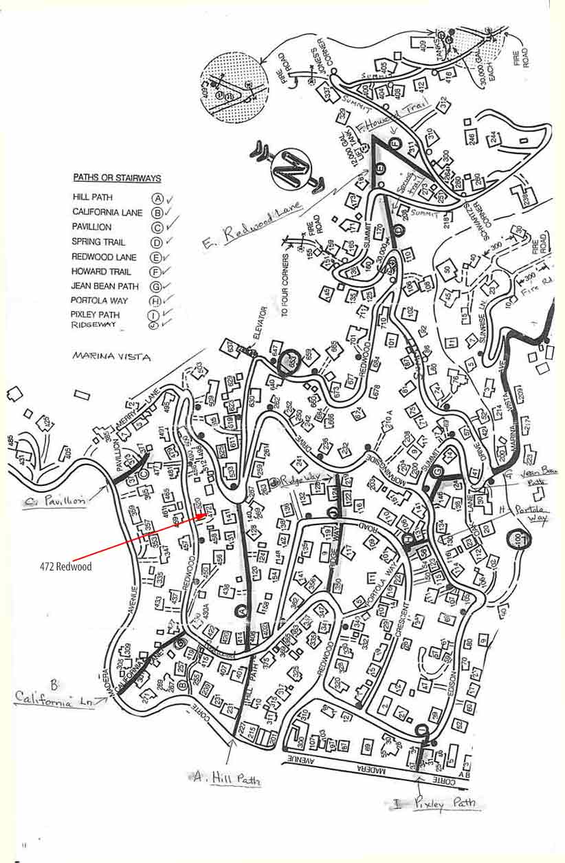 Map of stairs and paths on Christmas Tree Hill, Corte Madera