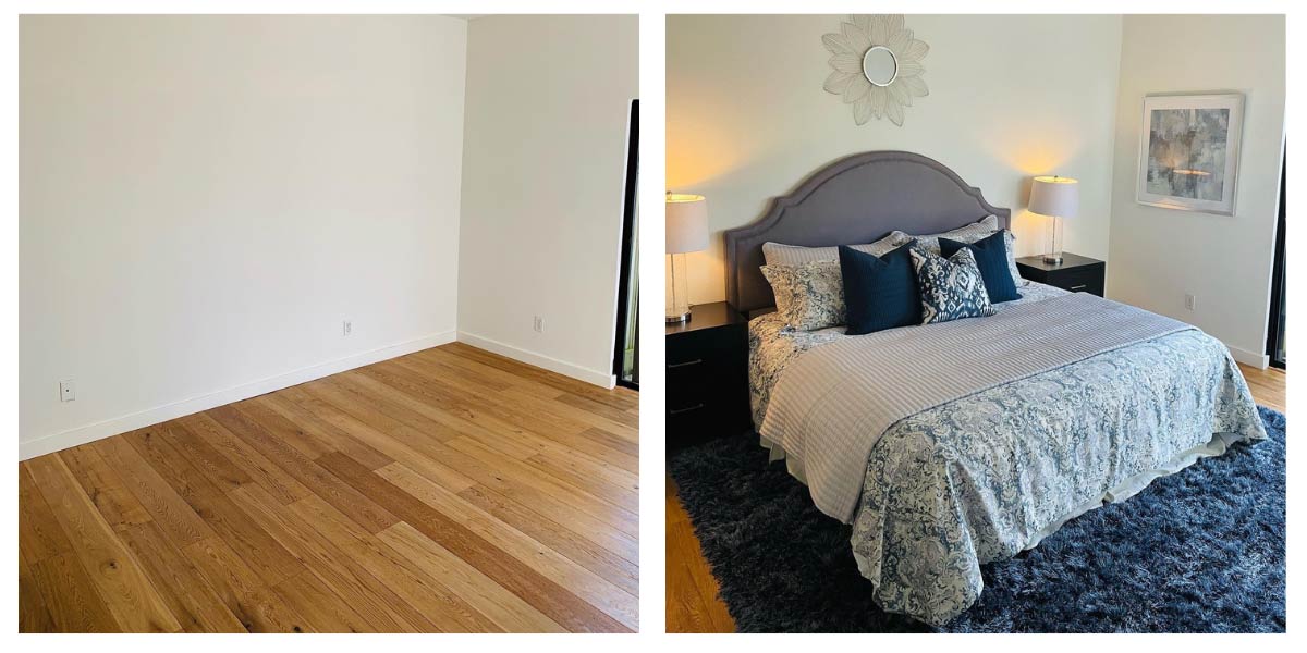Bedroom at 121 Eucalyptus Knoll St before and after staging