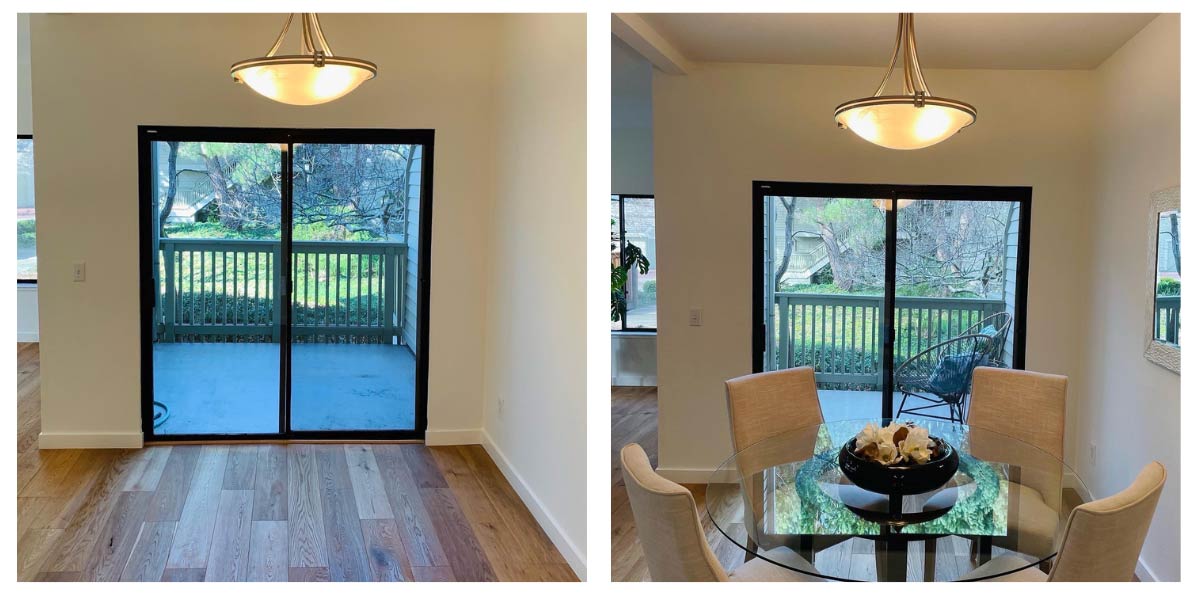 Dining area and deck at 121 Eucalyptus Knoll St before and after staging